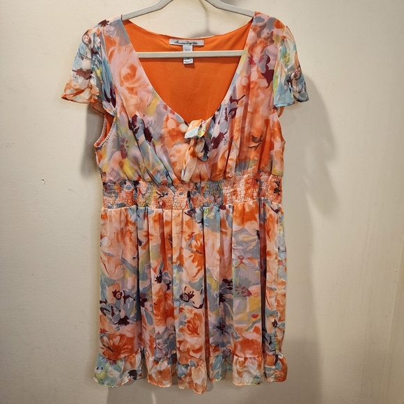 American Rag Orange Blue Ruched Ruffled Sundress Plus Soze 2x - Picture 1 of 12
